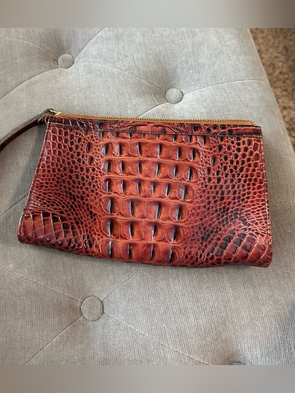 Brahmin Croc-Embossed Leather Wristlet in Mahogany Brown with Gold Hardware